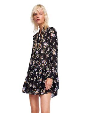 Zara Woman Floral Mini Dress XL – Long Sleeve Ruffle Hem, Boho Flowy Black Dress
